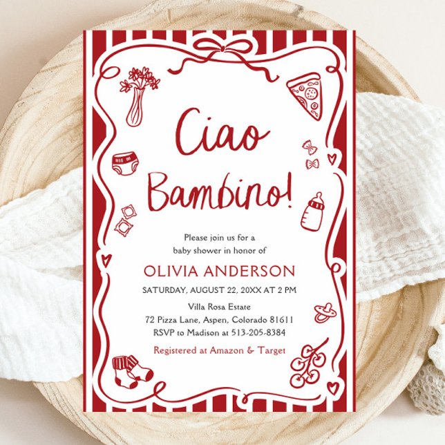 Ciao Bambino Whimsical Italienische Pizza Baby Dus Einladung (Watercolor Ciao Bambino Whimsical Italian Pizza Baby Shower Invitation)