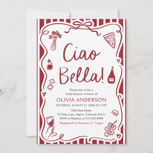 Ciao Bella Hand Drawn Italienisches Pizza Brautpar Einladung (Vorderseite)