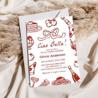 Ciao Bella Hand Drawn Italienisches Pizza Brautpar Einladung