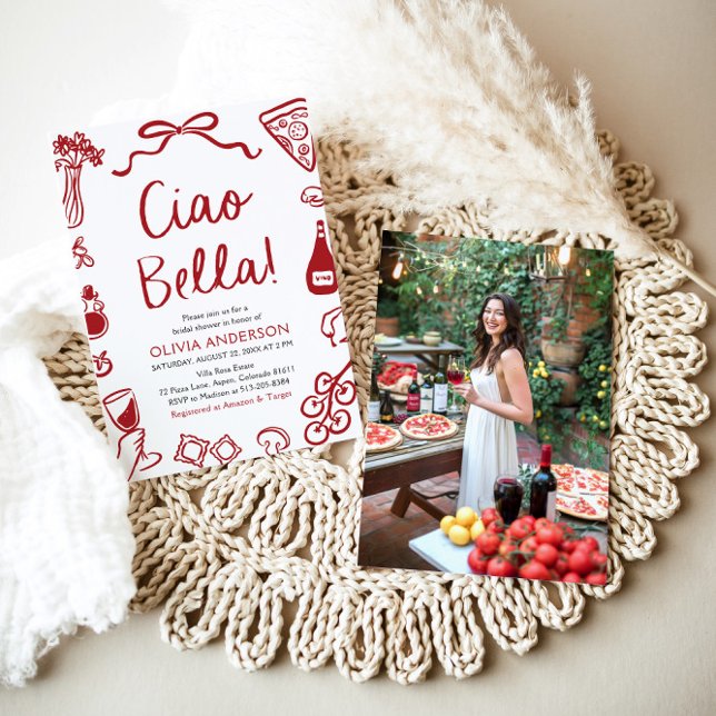 Ciao Bella Hand Drawn Italienisches Pizza Brautpar Einladung (Red Italian Ciao Bella Whimsical Hand Drawn Pizza Pasta Wine Bridal Shower Invitation)