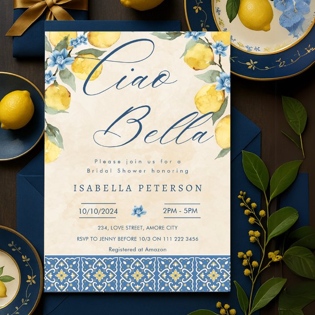 Ciao Bella Italian Blue Tiles Brautparty Einladung (Ciao Bella Italian Blue Tiles Bridal Shower Invitation)