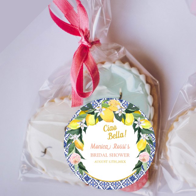 Ciao Bella Italian Lemon Blue Tiles Brautparty Runder Aufkleber (Von Creator hochgeladen)