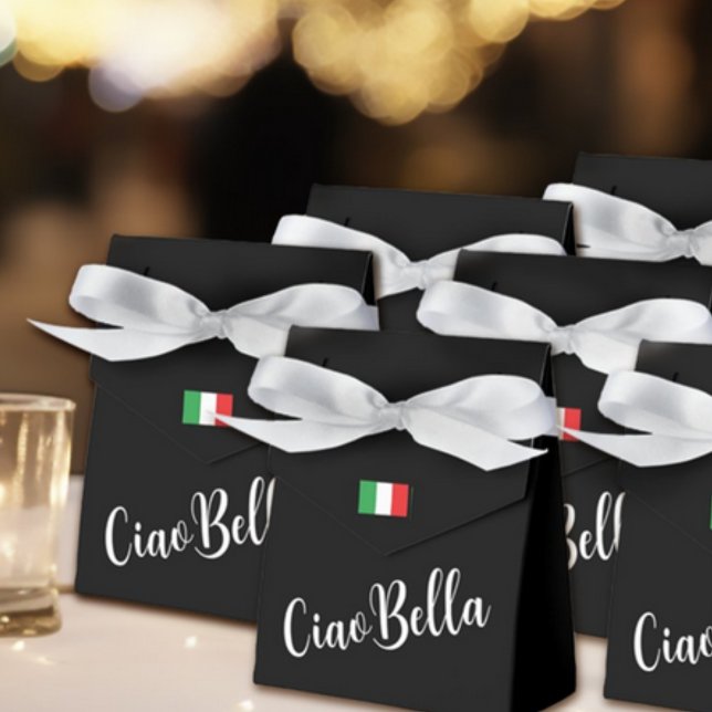Ciao Bella Italienisch Elegantes Script Black Geschenkschachtel (Ciao Bella Black Favor Box with Custom Wording on Back for Bridal Showers, Spa, Bachelorette Party)