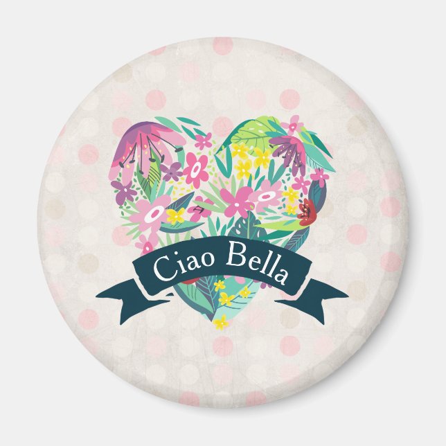 Ciao Bella Niedliches Blumenherz auf rosa Kreise Magnet (Vorne)