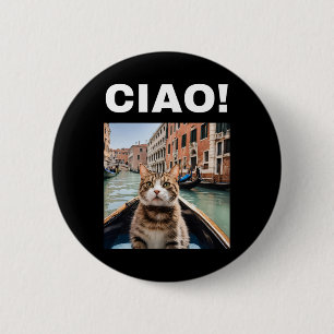 Ciao Funny Gondolier Cat on a Venezianisch Gondola Button