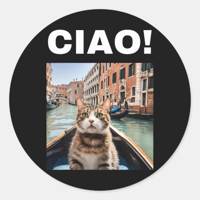 Ciao Funny Gondolier Cat on a Venezianisch Gondola Runder Aufkleber (Vorderseite)