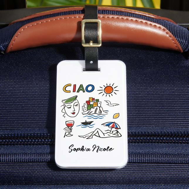 Ciao! Italian Amalfi Coast Hand Drawn Custom Name Gepäckanhänger (Vorderseite Insitu 2)