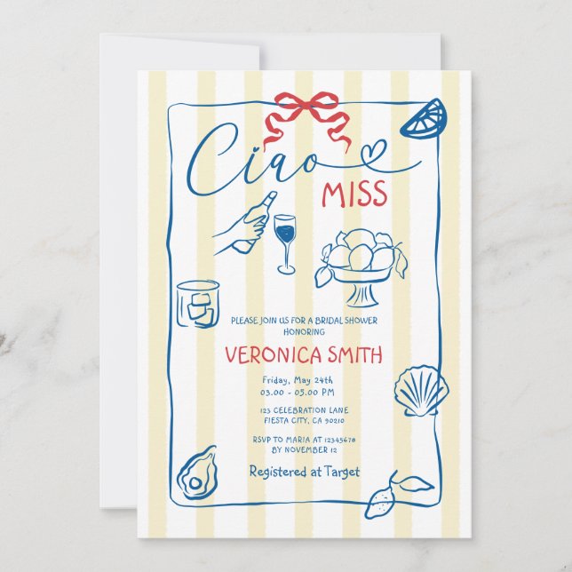 Ciao Miss Brautparty Summer Italien Thema Einladung (Vorderseite)