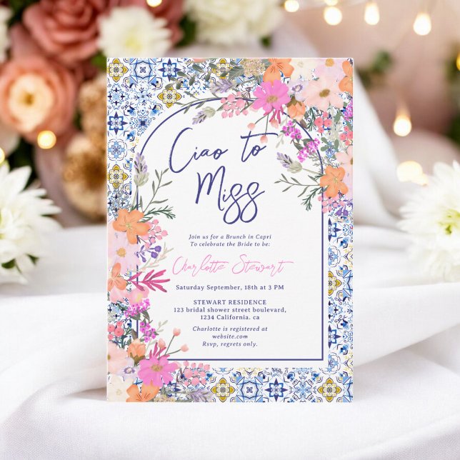 Ciao to Miss Italienisch Tile Floral Brautparty Einladung (Ciao to Miss Italian Tile Floral bridal shower Invitation)