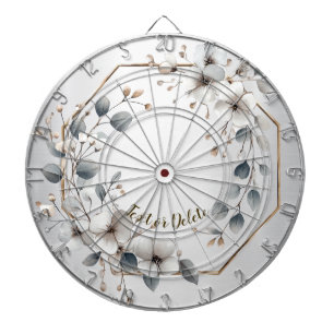 Cible De Fléchettes Aquarelle Fleurs blanches Cadre doré Argent Turquo