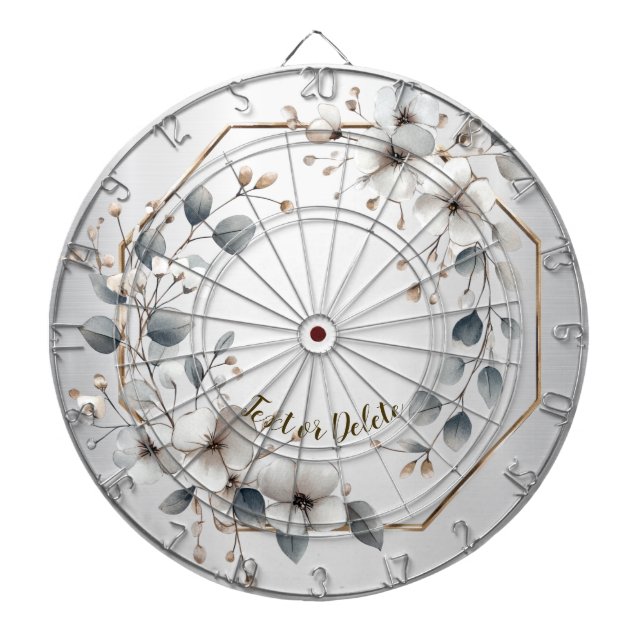 Cible De Fléchettes Aquarelle Fleurs blanches Cadre doré Argent Turquo (Devant)