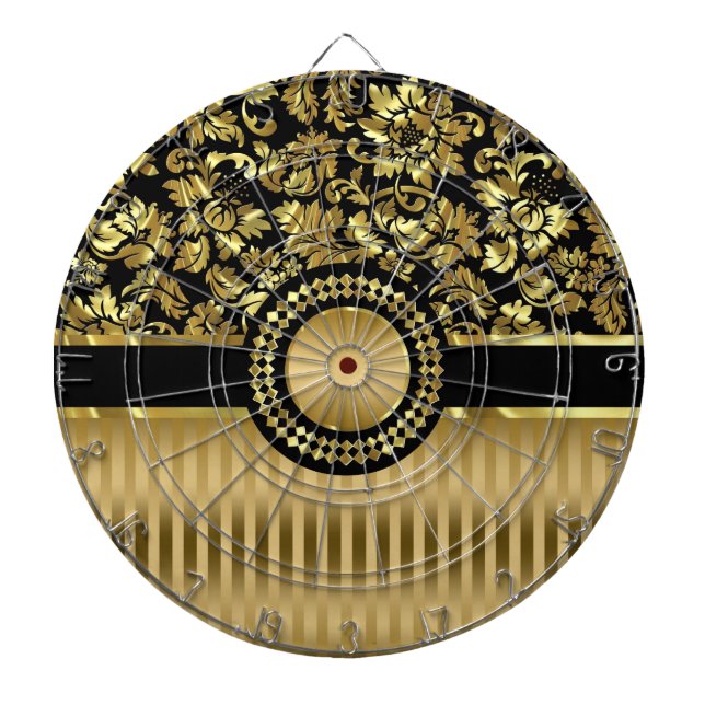 Cible De Fléchettes Black & Metallic Gold Floral Damas & Stripes (Devant)