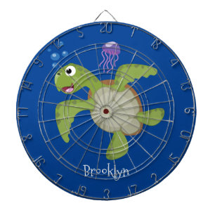 Cible De Fléchettes Caricature joyeuse de tortue de mer verte mignonne