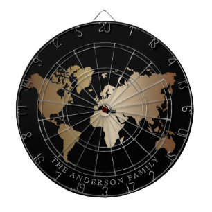 Cible De Fléchettes Carte du Monde Élégante Noir et Or Monogramme Nom