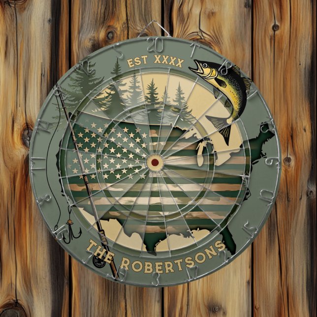 Cible De Fléchettes Fishing American Flag Personnalisé Nom de famille  (Créateur téléchargé)