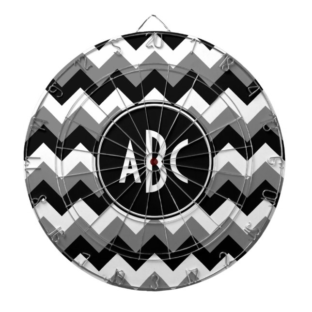 Cible De Fléchettes Monogramme gris, noir et blanc à motif zigzag (Devant)
