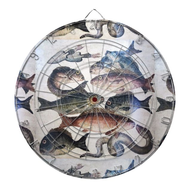 CIBLE DE FLÉCHETTES MOSAÏQUES ROMAINES ANTIQUES, POISSONS, ESPACE DE V (Devant)