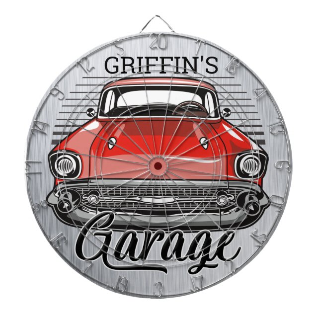 Cible De Fléchettes NOM personnalisé Retro Red Classic Car Garage (Devant)