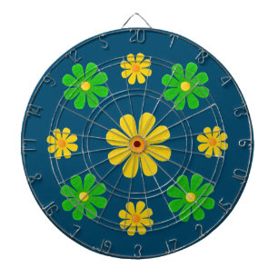 Cible De Fléchettes Personnaliser, fleurs vert jaune sur bleu foncé