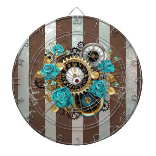 Cible De Fléchettes Steampunk Clock and Turquoise Roses on Striped