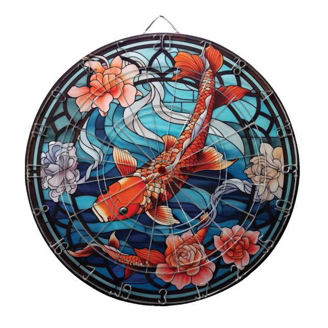 Cible De Fléchettes Vitrail asiatique style Koi Poisson et Camellias (Devant)