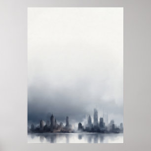Ciel de ville gris-bleu brumeux Affiche aquarelle