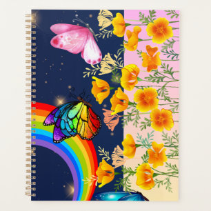 Ciel nocturne, arc-en-ciel, papillons et fleurs