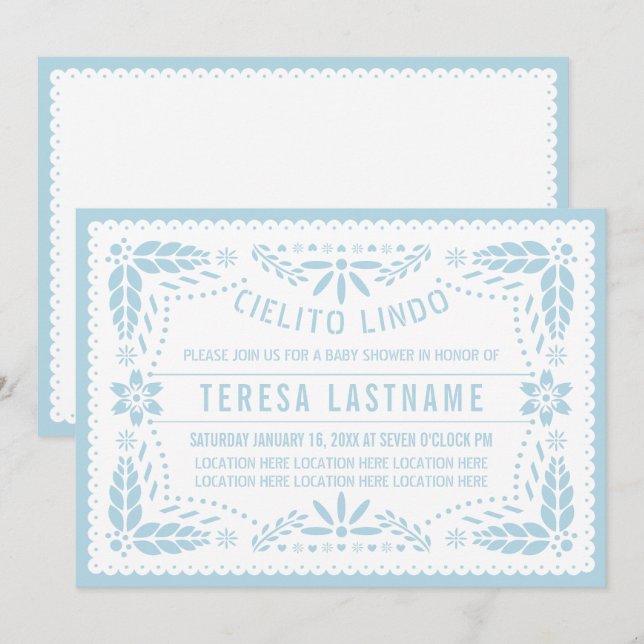 Cieliro Lindo Baby Blue Mexican Baby Boy Dusche Einladung (Vorne/Hinten)
