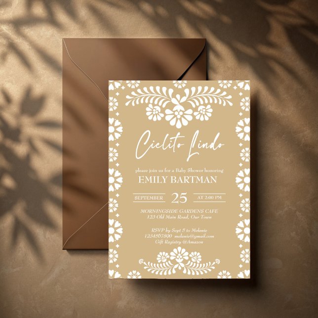 Cielito lindo beige mexikanische Babydusche Einladung (Cielito lindo sand beige Mexican fiesta talavera  baby shower Invitation template papel picado)