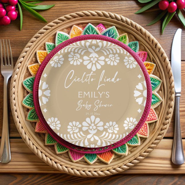 Cielito lindo beige mexikanische Fiesta Babydusche Pappteller (Cielito lindo beige Mexican fiesta papel picado baby shower personalized Paper Plates custom decor)