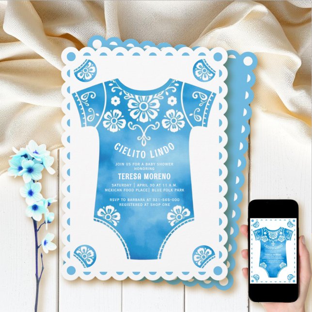 Cielito Lindo Blue Bodysuit Babydusche Einladung (Von Creator hochgeladen)