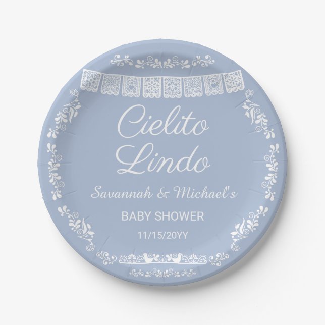 Cielito Lindo Blue Papel Picado Baby Shower Pappteller (Vorderseite)