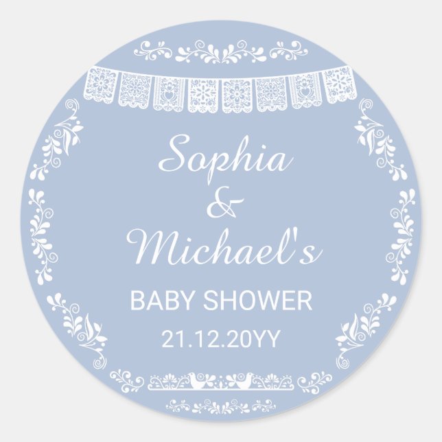 Cielito Lindo Blue Papel Picado Baby Shower Runder Aufkleber (Vorderseite)