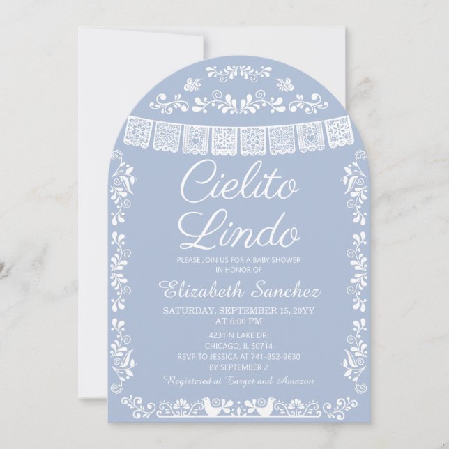 Cielito Lindo Dusty Blue Papel Picado Baby Shower Einladung (Vorderseite)