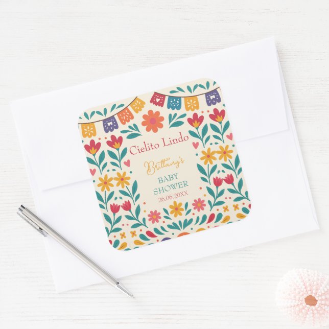 Cielito Lindo Mexican Baby Shower Fiesta Quadratischer Aufkleber (Umschlag)
