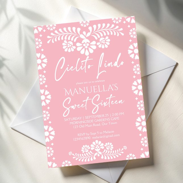 Cielito lindo pink Mexican sweet 16 birthday party Einladung (Cielito lindo pink and white Mexican sweet 16 birthday party Invitation cards template)