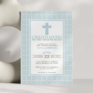 Cielito Lindo Religiöses florales Kreuz Blau Junge Einladung