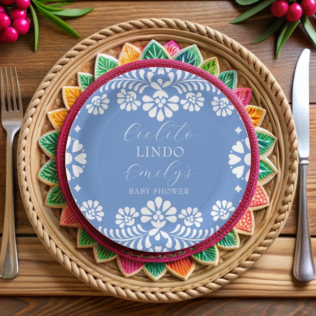 Cielito lindo staubblaue mexikanische Babydusche Pappteller (Cielito lindo dusty blue Mexican baby shower monogrammed Paper Plates personalized table decor)