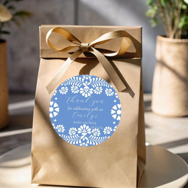 Cielito lindo staubblaue mexikanische Babydusche Runder Aufkleber (Cielito lindo dusty blue Mexican baby shower thank you favor Sticker template)
