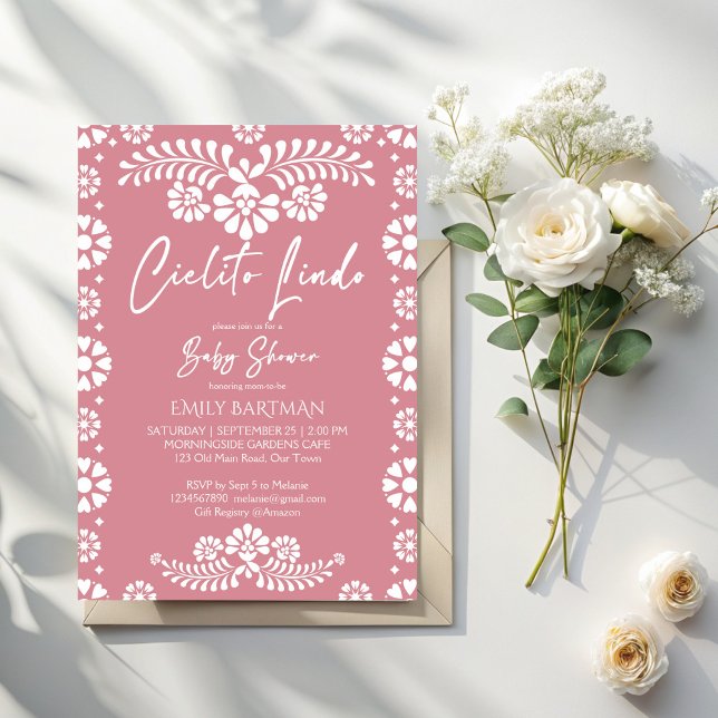 Cielito lindo staubige rosa mexikanische Babydusch Einladung (Cielito lindo dusty pink Mexican fiesta baby shower Invitation card template papel picado invites)