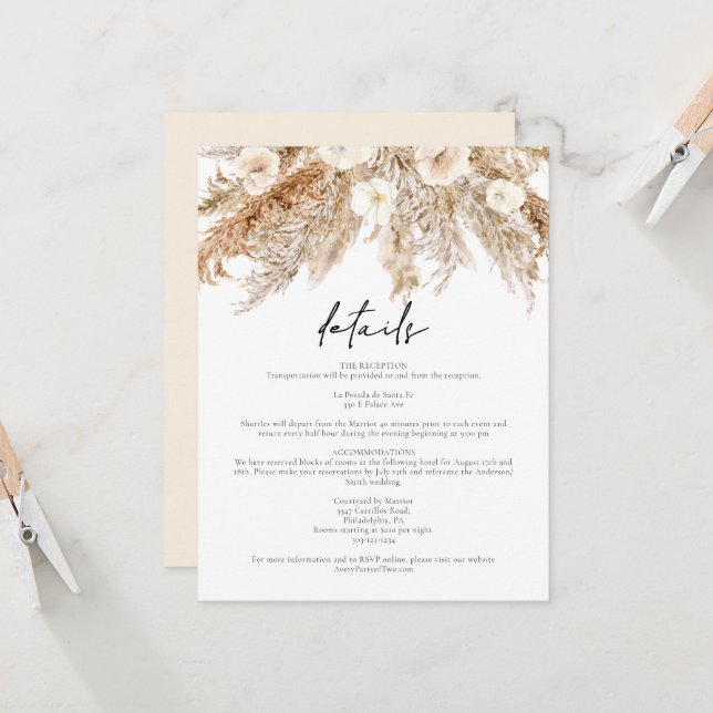 CIERA Bohemisch Pampas Grass Wedding Details Karte (Vorderseite/Rückseite Beispiel)
