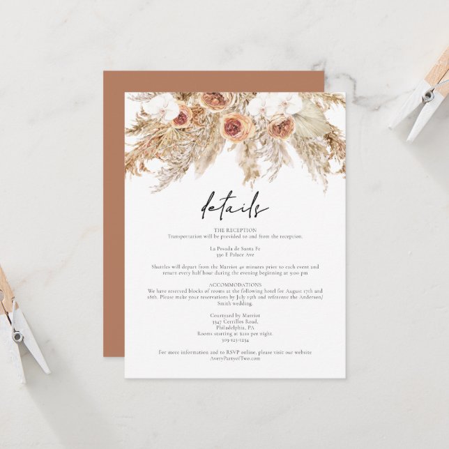 CIERA Boho Terracotta Floral Pampas Details Karte (Vorderseite/Rückseite Beispiel)