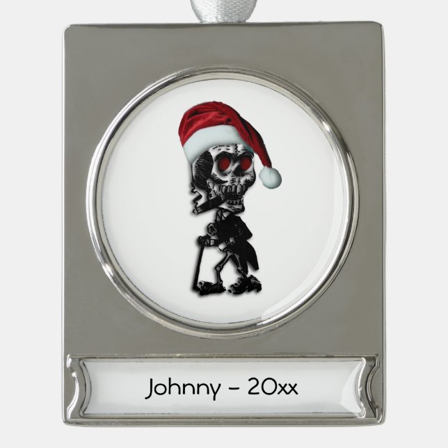 Cigar Rauchen Weihnachtsskelett Banner-Ornament Silber (Vorderseite)