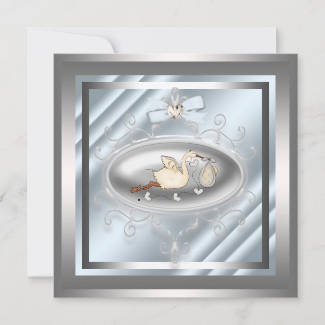 cigogne bleu argenté Baby Boy Shower Invitations (Devant)