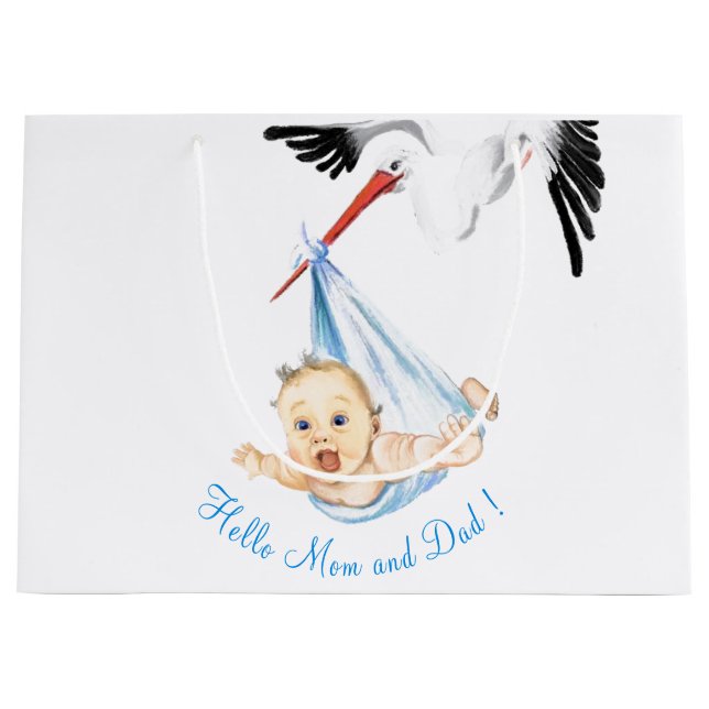 Cigogne drôle portant un bébé - Sac cadeau avec te (Devant)