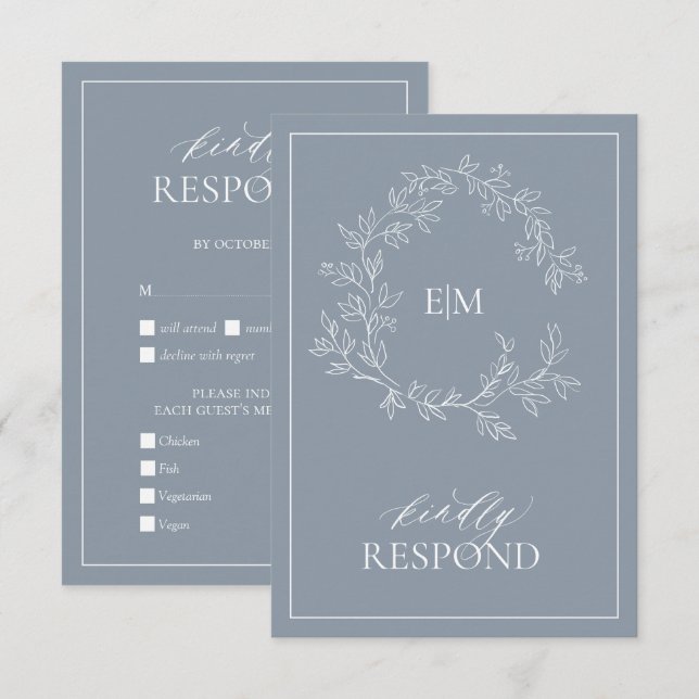 Cimetière bleu Dusty Monogramme Mariage Carte RSVP (Devant / Derrière)