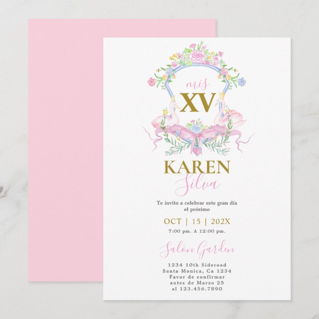 Cimetière de cygne rose Quinceanera Invitation (Devant / Derrière)