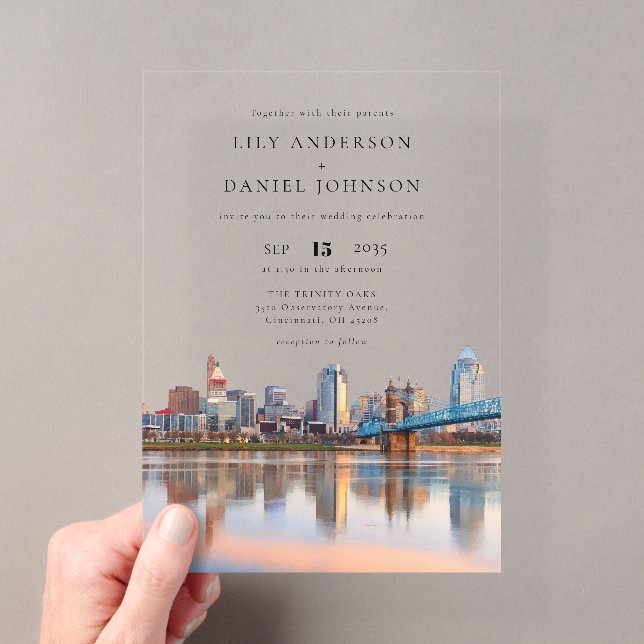 Cincinnati City Skyline Watercolor Wedding Acryleinladungen (Insitu (Handheld))