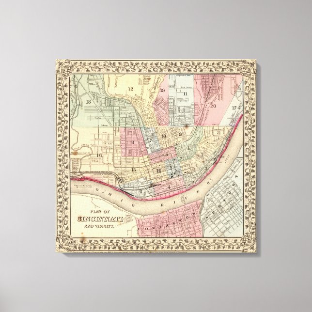 Cincinnati Karte von Mitchell Leinwanddruck (Vorderseite)