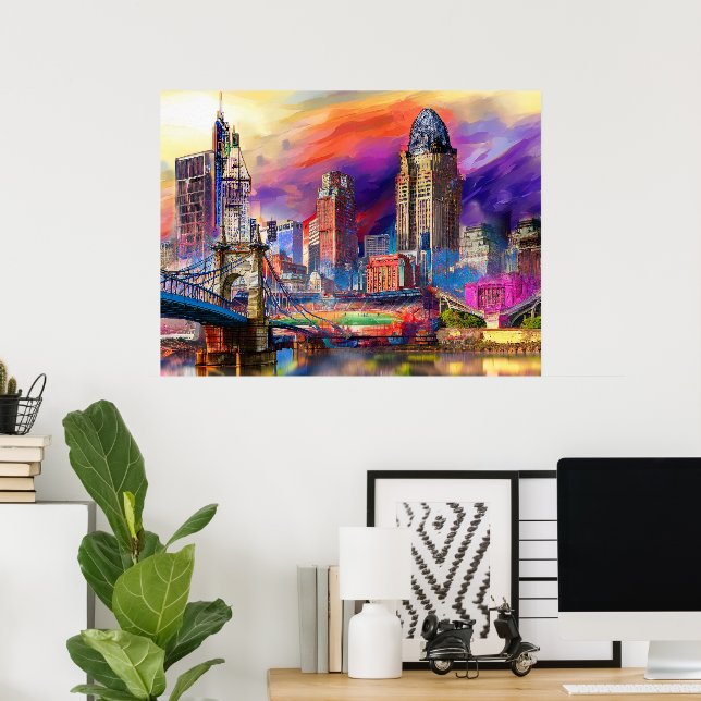 Cincinnati Ohio Abstrakte Skyline Kunst, Dichtung  Poster (Heimbüro)